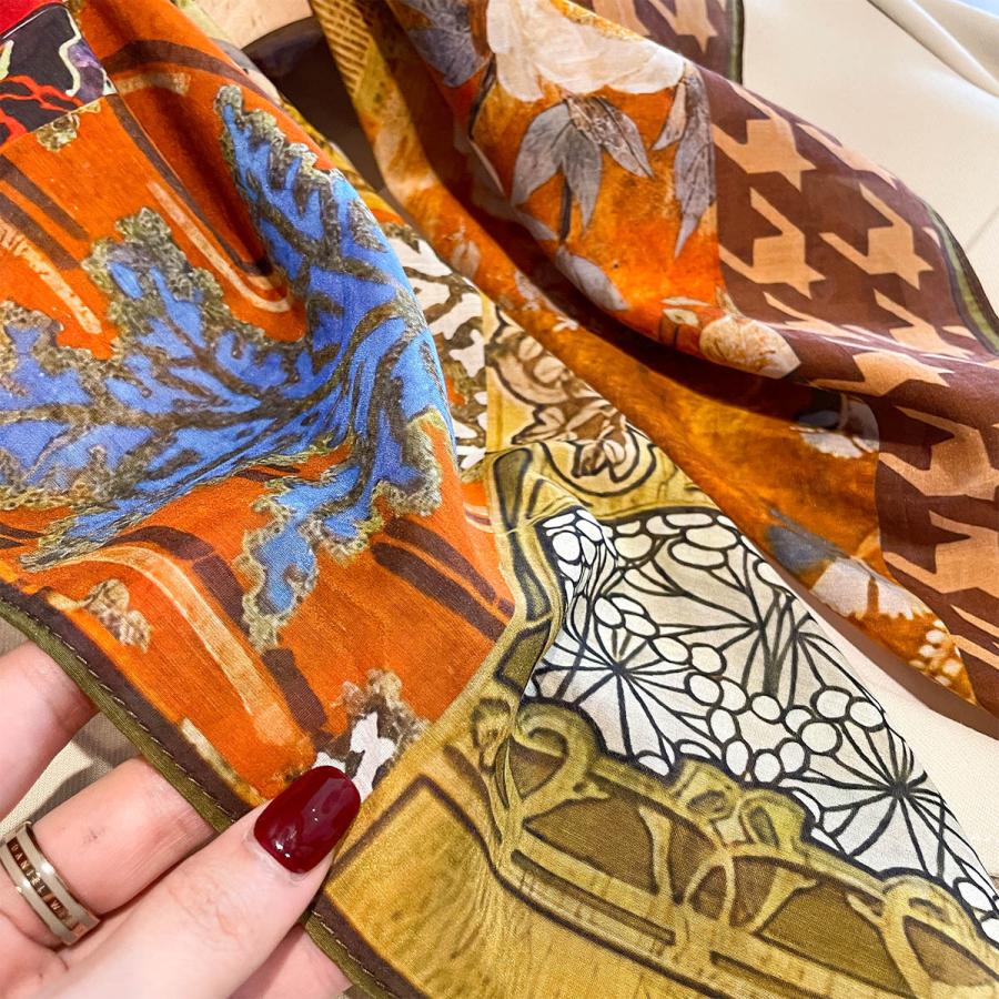 送料無料 男女兼用 大判正方形 シルクコットン混 ボタニカル 幾何学柄 スカーフ 　05547 |  | 05