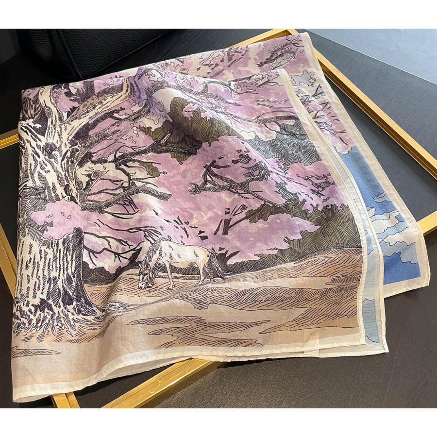 送料無料 男女兼用 大判正方形 シルクコットン混 ボタニカル 幾何学柄 スカーフ 　05548 | 