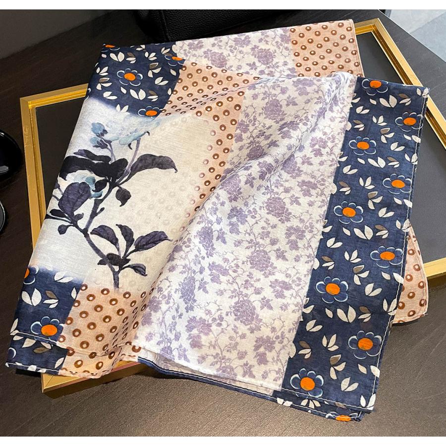 送料無料 男女兼用 大判正方形 シルクコットン混 ボタニカル・パッチワーク柄 スカーフ 　05552 |  | 01