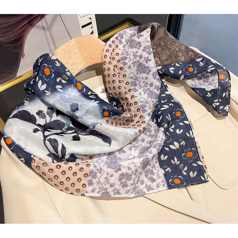 送料無料 男女兼用 大判正方形 シルクコットン混 ボタニカル・パッチワーク柄 スカーフ 　05552 |  | 04