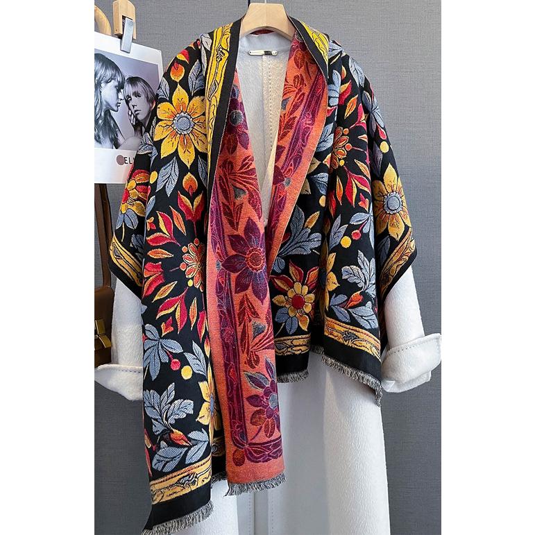 送料無料【セール】 やや厚手 リバーシブル大判 フラワー柄入りストール マフラー 　 2101 | 