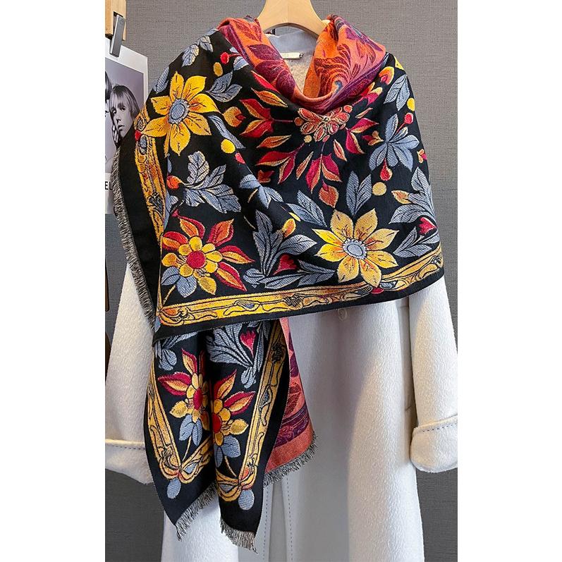 送料無料【セール】 やや厚手 リバーシブル大判 フラワー柄入りストール マフラー 　 2101 |  | 01
