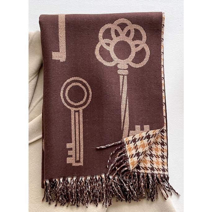 送料無料 やや厚手 リバーシブル大判 チェック幾何学柄入りストール マフラー 　21101 |  | 02