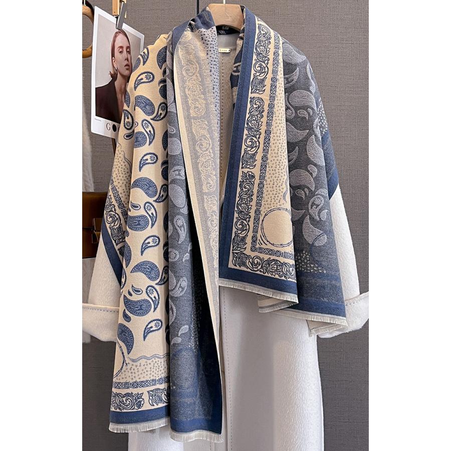 送料無料【セール】 やや厚手 リバーシブル大判 ペーズリーフラワー柄入りストール マフラー　　2121b | 