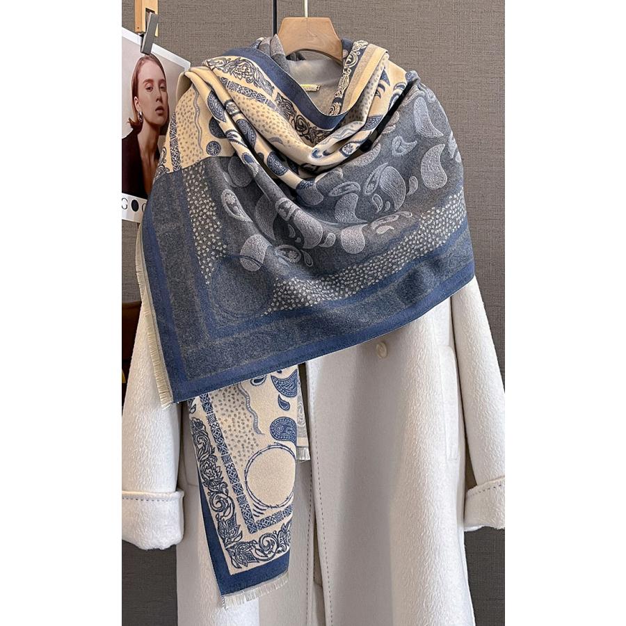 送料無料【セール】 やや厚手 リバーシブル大判 ペーズリーフラワー柄入りストール マフラー　　2121b |  | 02