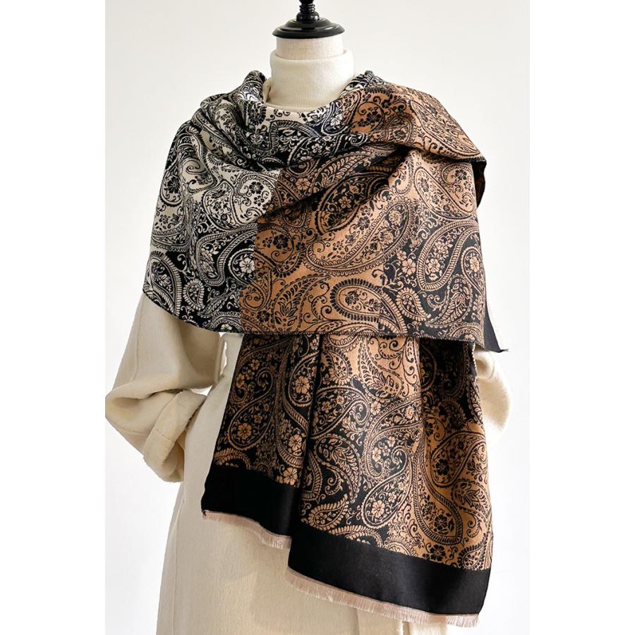 送料無料 やや厚手 リバーシブル大判 ペーズリーフラワー柄入りストール マフラー 　2160 |  | 01