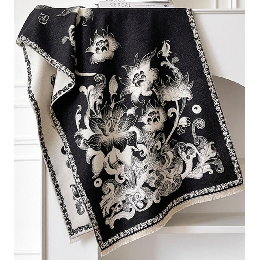 送料無料 やや厚手 リバーシブル大判 フラワー柄入りストール マフラー 　 2170 | 