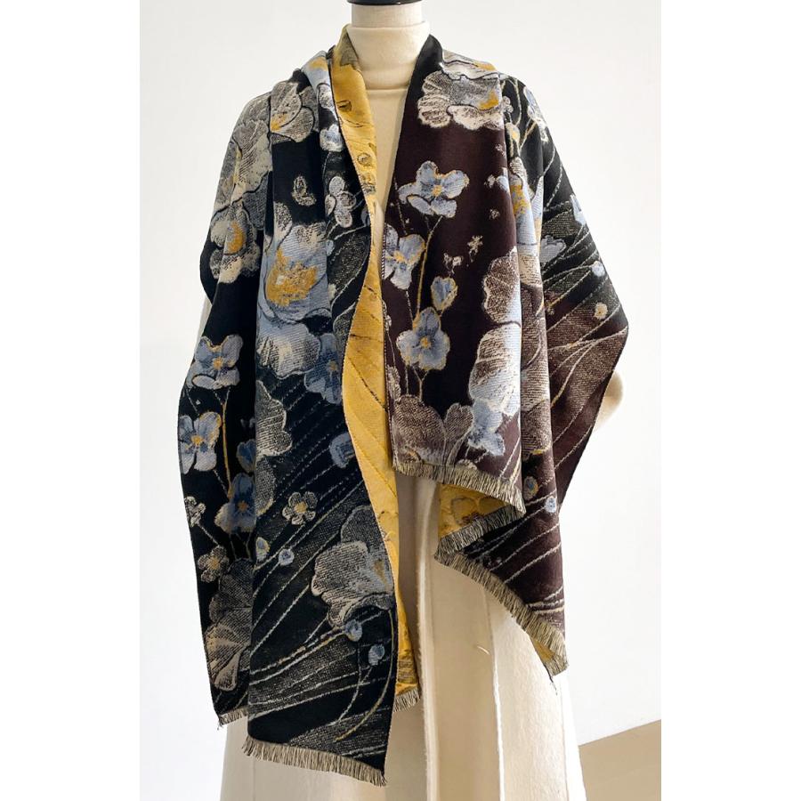 送料無料 やや厚手 リバーシブル大判 フラワー柄入りストール マフラー 　2181 |  | 01