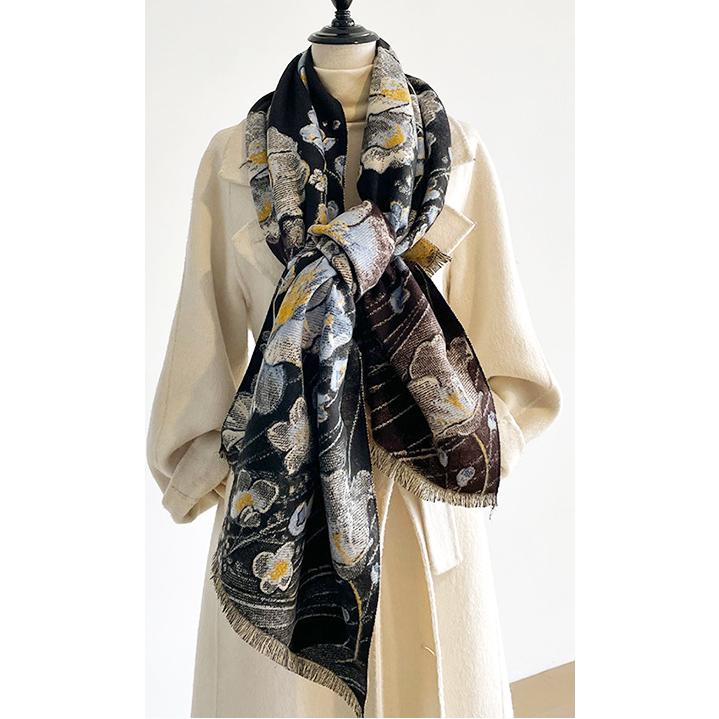 送料無料 やや厚手 リバーシブル大判 フラワー柄入りストール マフラー 　2181 |  | 02