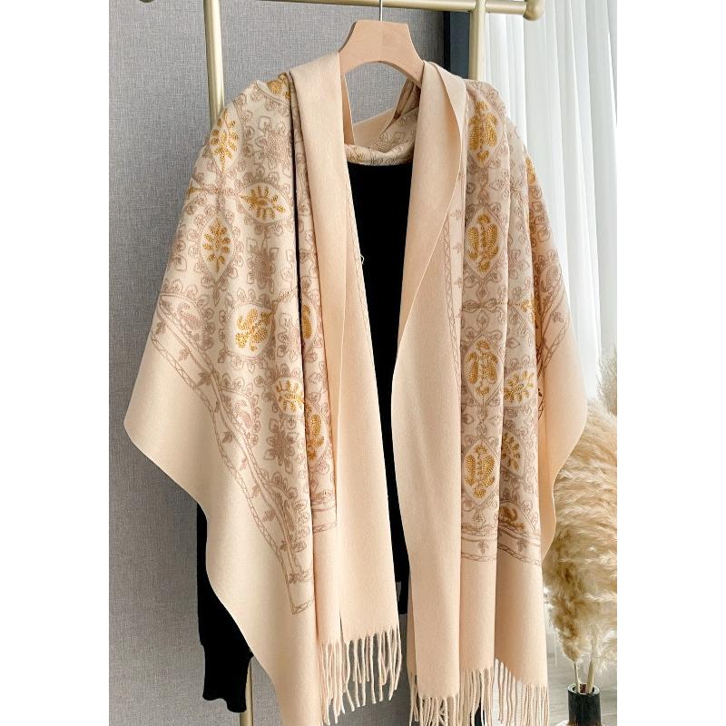 送料無料 やや厚手 大判 フラワー金糸刺繍柄入りストール マフラー 　2301 |  | 01