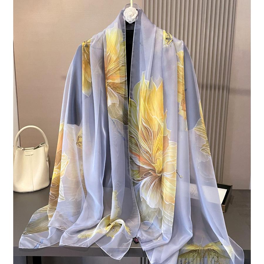 送料無料 レーディス 柔らかシルクタッチ フラワー柄 大判薄型ストール スカーフ パレオ　　91031 |  | 01