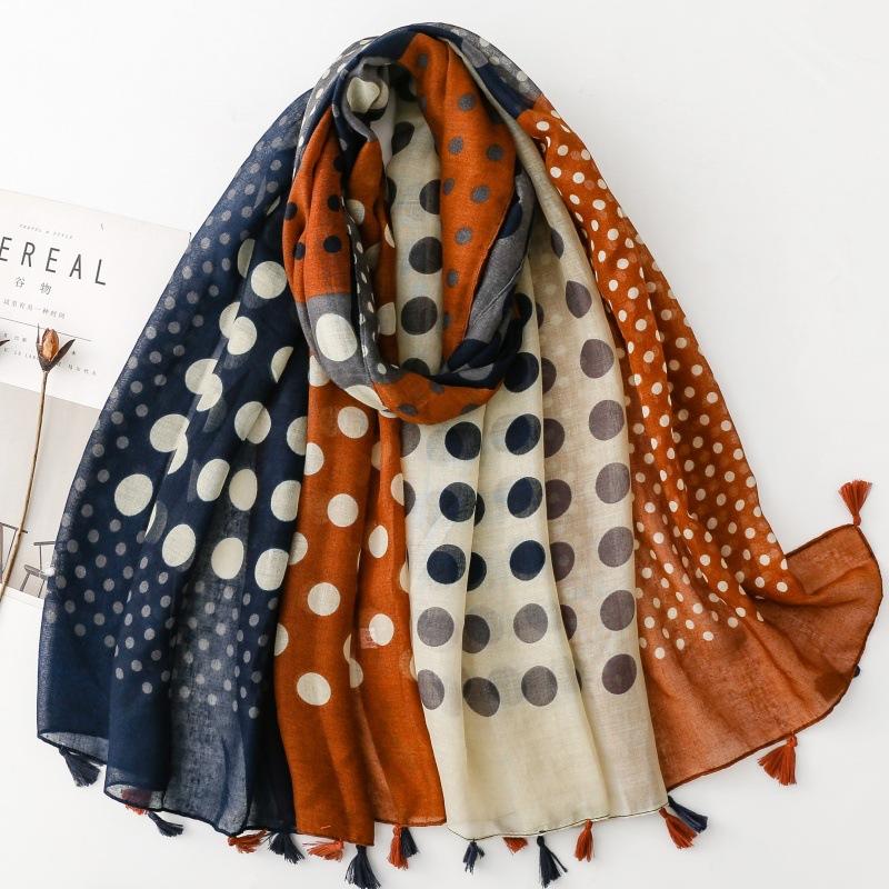 送料無料 男女兼用 大判薄型 タッセル付き 水玉 ドットパッチワーク柄 ストール スカーフ　91134 | 