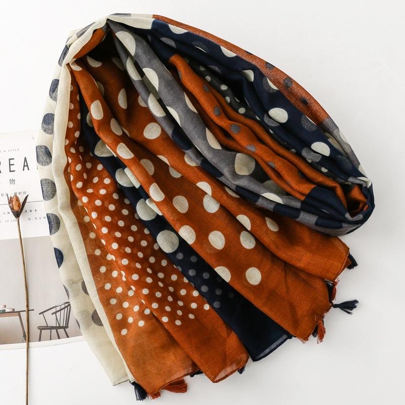 送料無料 男女兼用 大判薄型 タッセル付き 水玉 ドットパッチワーク柄 ストール スカーフ　91134 |  | 02