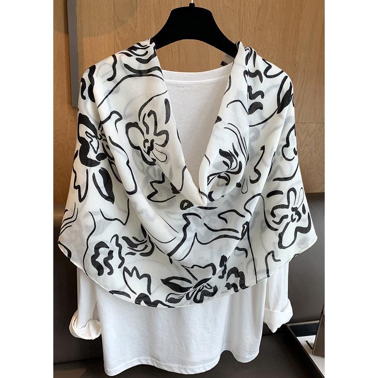 送料無料 男女兼用 薄型 大判 タッセル付き 手書き風大花柄 ストール/スカーフ 　91140 | 