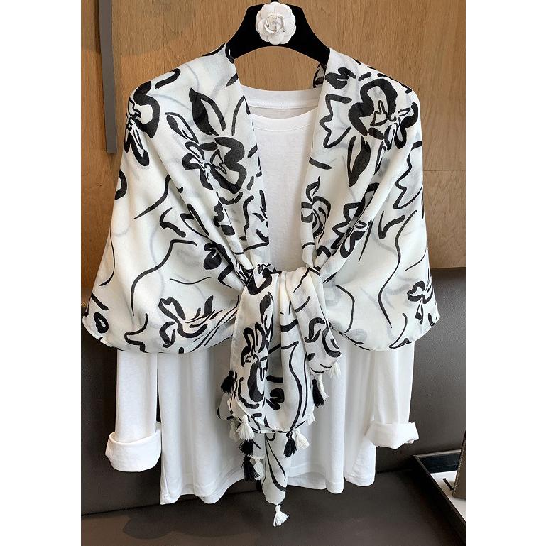 送料無料 男女兼用 薄型 大判 タッセル付き 手書き風大花柄 ストール/スカーフ 　91140 |  | 01