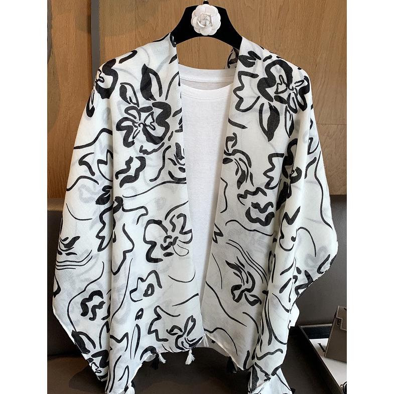 送料無料 男女兼用 薄型 大判 タッセル付き 手書き風大花柄 ストール/スカーフ 　91140 |  | 04