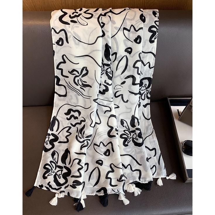 送料無料 男女兼用 薄型 大判 タッセル付き 手書き風大花柄 ストール/スカーフ 　91140 |  | 05