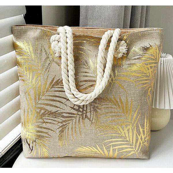 送料無料 金箔 葉っぱ柄 幾何学柄 買い物肩掛けOK BIGキャンパスバッグ 鞄    ba0106b | 