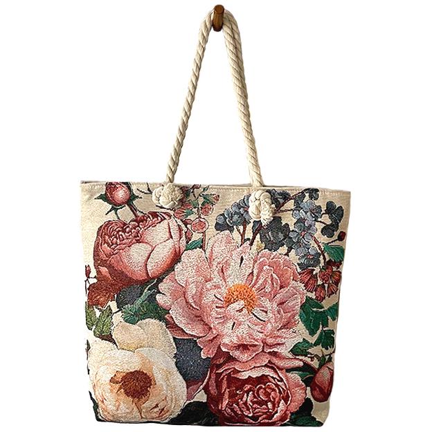 送料無料 ラメ糸入りフラワー柄 買い物肩掛けOK BIGキャンパスバッグ 鞄　エコバック   ba0108a | 