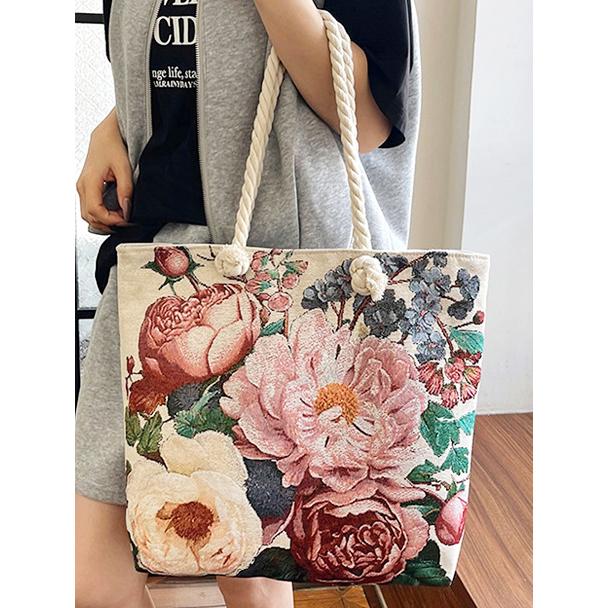 送料無料 ラメ糸入りフラワー柄 買い物肩掛けOK BIGキャンパスバッグ 鞄　エコバック   ba0108a |  | 04