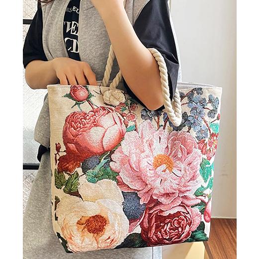 送料無料 ラメ糸入りフラワー柄 買い物肩掛けOK BIGキャンパスバッグ 鞄　エコバック   ba0108a |  | 05