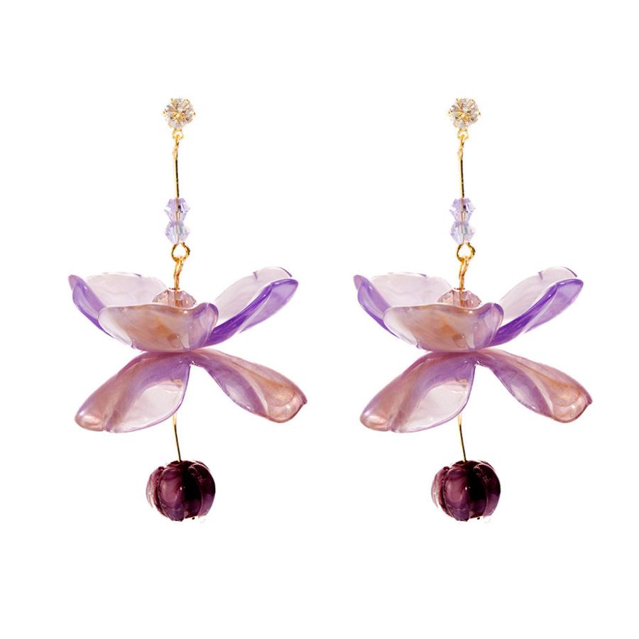 送料無料 レーディス ゆらゆら パープルフラワー ロングデザイン ピアス　　e0133 | 