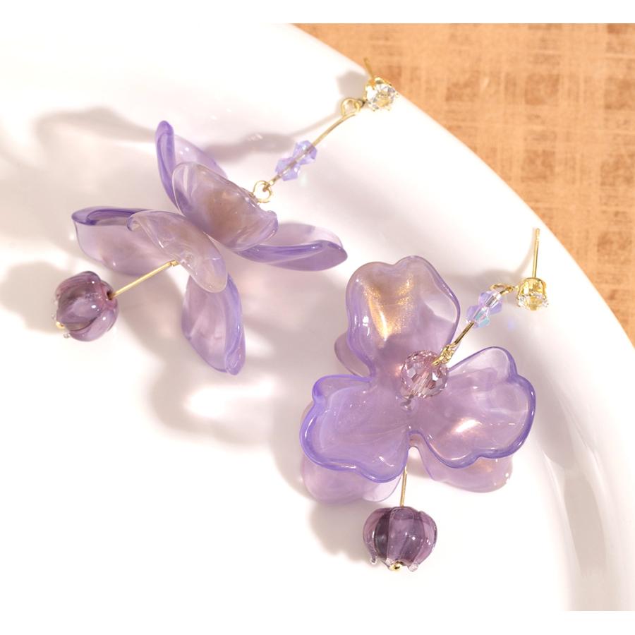 送料無料 レーディス ゆらゆら パープルフラワー ロングデザイン ピアス　　e0133 |  | 02