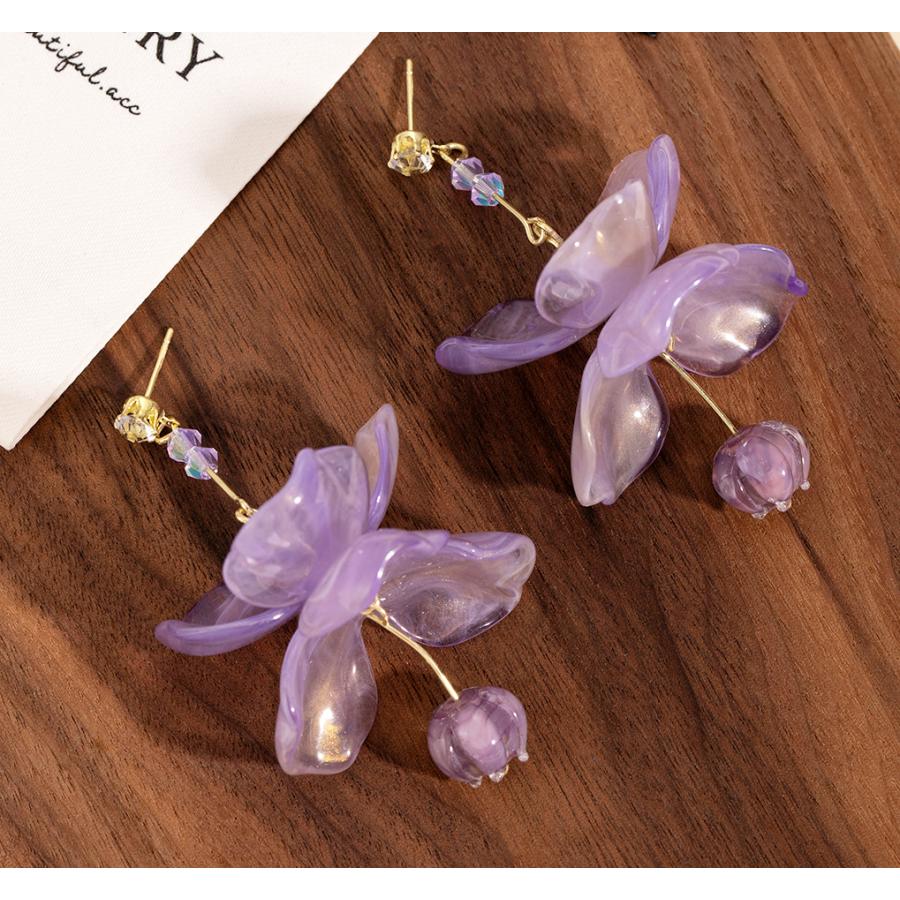 送料無料 レーディス ゆらゆら パープルフラワー ロングデザイン ピアス　　e0133 |  | 03