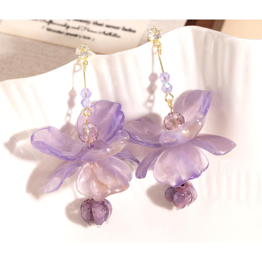 送料無料 レーディス ゆらゆら パープルフラワー ロングデザイン ピアス　　e0133 |  | 04