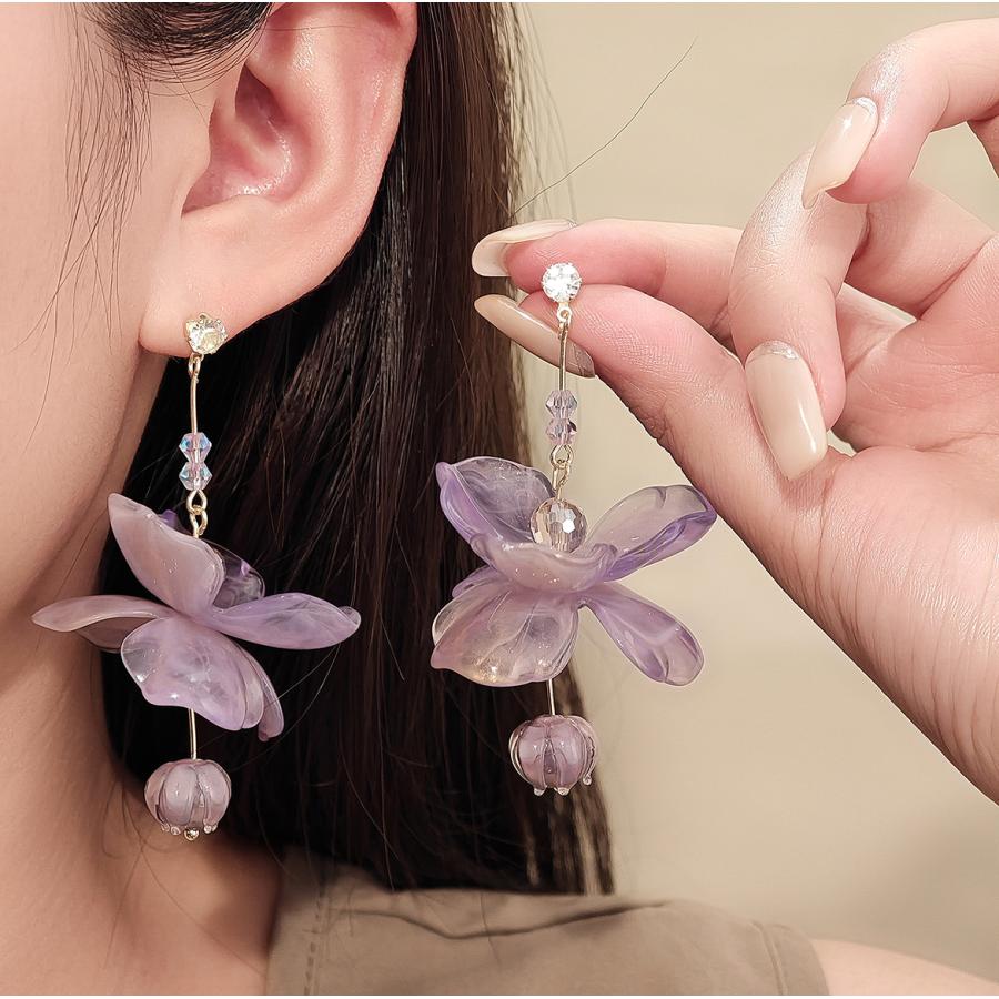 送料無料 レーディス ゆらゆら パープルフラワー ロングデザイン ピアス　　e0133 |  | 05