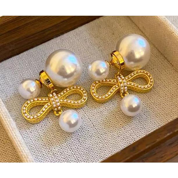 送料無料 レーディス エレガント キラキラ 2wayタイプ リボンとパール デザイン ピアス　　e0176 | 