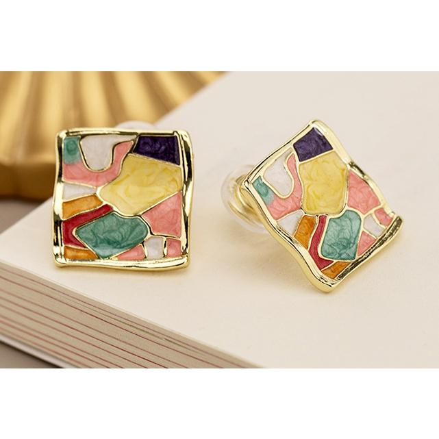 送料無料 レーディス エレガント 油絵風 スクエア デザインイヤリング　  e0190b |  | 03