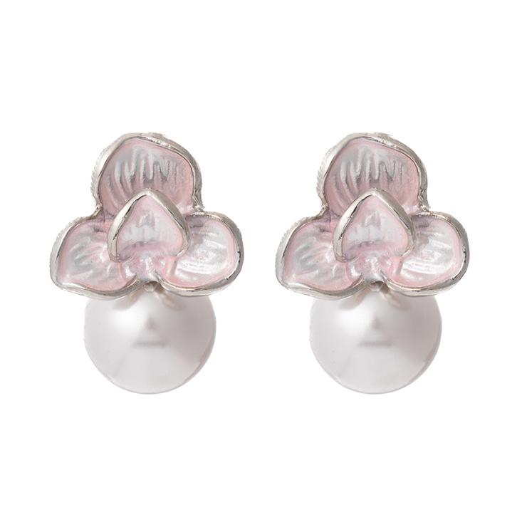 送料無料 レーディス エレガント ピンクフラワーとパール デザイン ピアス　 e077 | 
