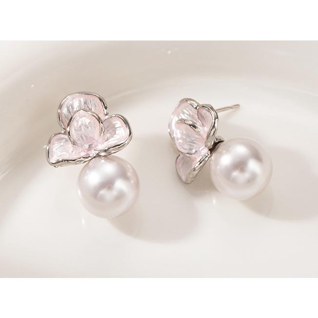 送料無料 レーディス エレガント ピンクフラワーとパール デザイン ピアス　 e077 |  | 02