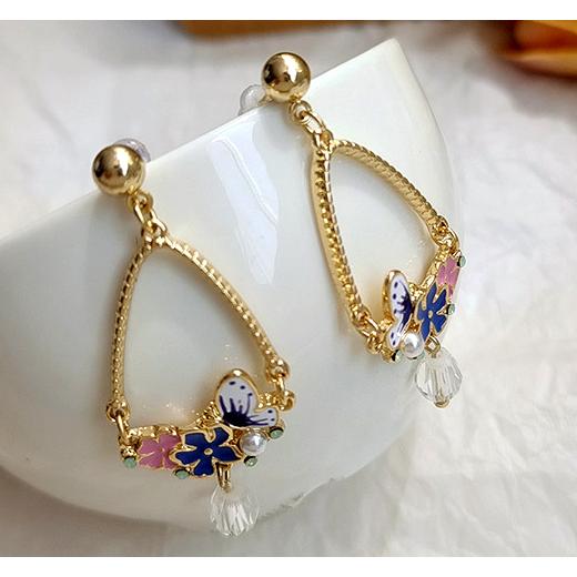 送料無料 レーディス ゆらゆら 蝶々とフラワー デザインイヤリング　e0941b |  | 02