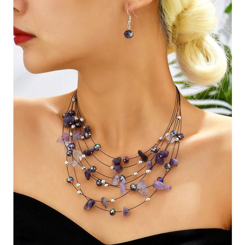 送料無料 ゴージャス 多重天然石 ビーズ ネックレス チョーカー　ピアスセット　x484d | 