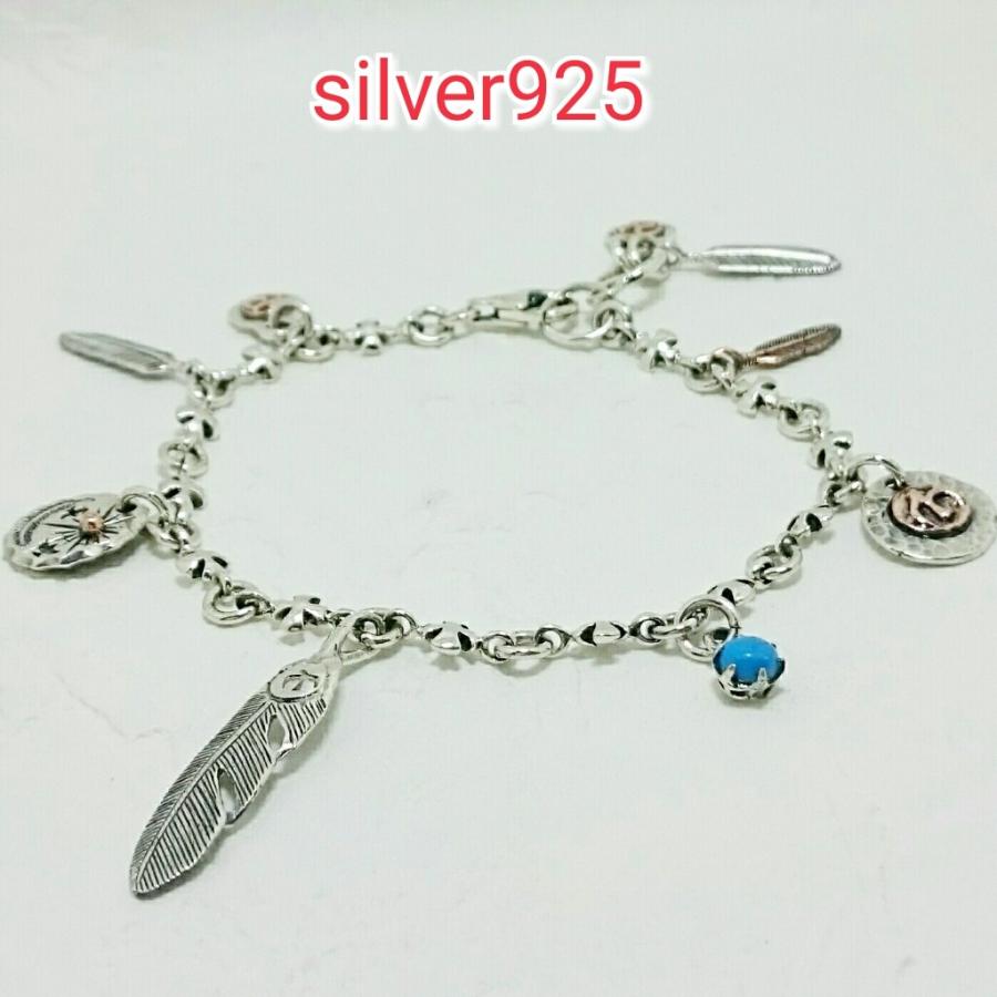 ブレスレット ネイティブ系 ターコイズ＆フェザー＆サン 約16or17センチ 激渋 激安 シルバー925 silver925 在庫のみ | 