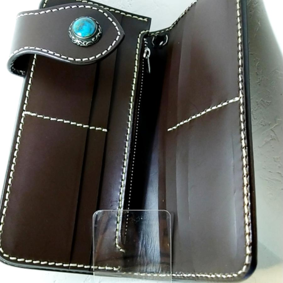 激安 長財布 牛革/天然ターコイズ入りシルバー925コンチョ 使いやすいダークブラウン プレゼントにもオススメ |  | 02