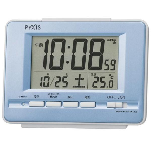 SEIKO セイコー 目覚まし時計 電波 デジタル カレンダー 温度 PYXIS  ピクシス 薄青パール NR535L お取り寄せ｜empire-clock