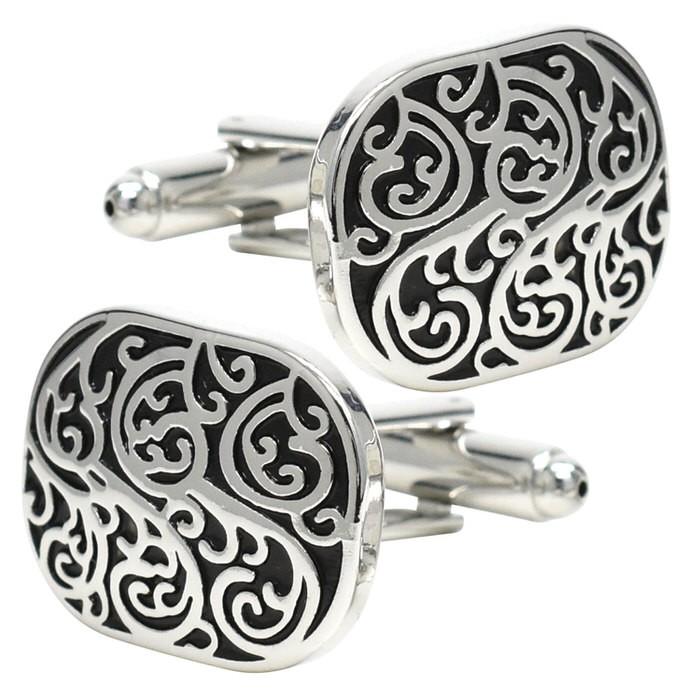カフス ブラック シルバー柄 カフスボタン メンズ 男性 結婚式 パーティー シャツ プレゼント 旦那 贈り物 セット 袖 | 