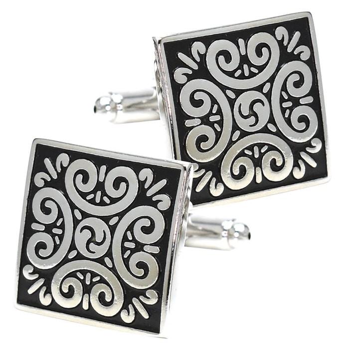 カフス スクエア ブラック シルバー柄 カフリンクス メンズ スーツ 結婚式 誕生日 シャツ プレゼント 上司 ギフト セット ダブルカフス | 
