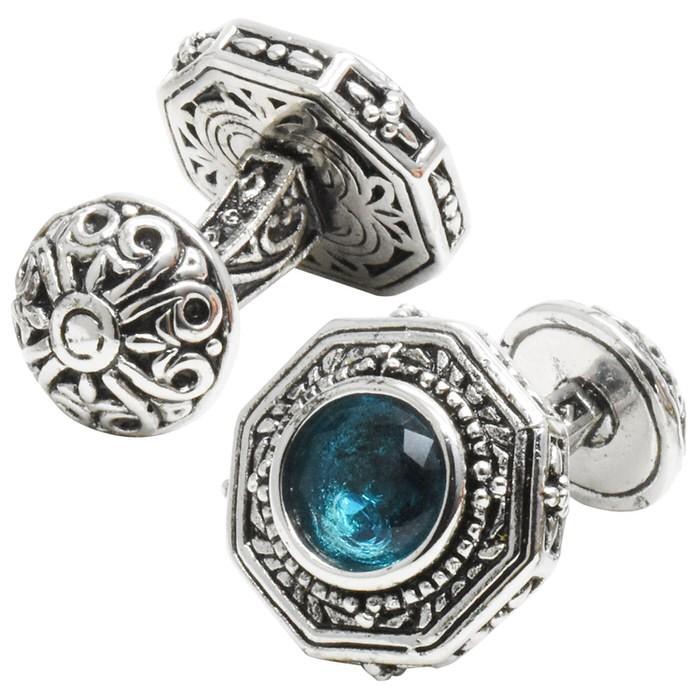 カフス クリスタルストーン 彫刻柄 ブルー カフリンクス メンズ 大人の男 結婚式 パーティー 付け方 プレゼント 上司 ギフト セット ダブルカフス | 