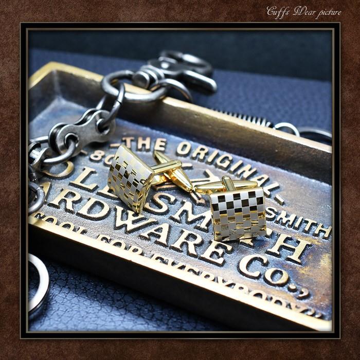 カフス 細ブロック柄 ゴールド カフスリンクス メンズ 男 結婚式 誕生日 使い方 プレゼント 彼氏 人気 セット Cuffs |  | 04