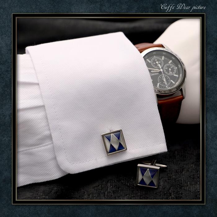 アーガイル スタイリッシュ カフス シルバー 銀 ブルー 青  カフスボタン メンズ 男性 結婚式 パーティー シャツ プレゼント 旦那 贈り物 セット 袖 |  | 02
