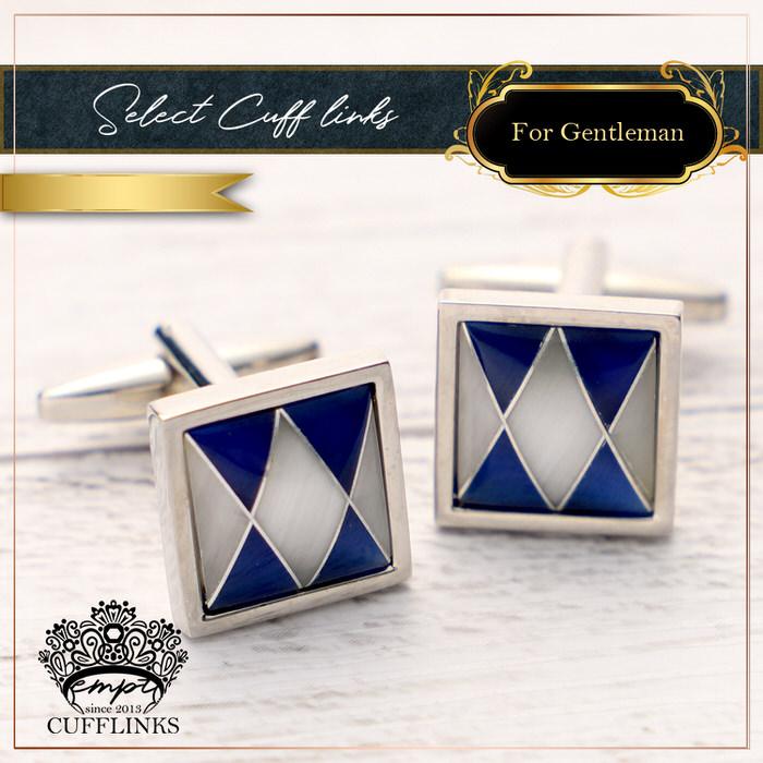 アーガイル スタイリッシュ カフス シルバー 銀 ブルー 青  カフスボタン メンズ 男性 結婚式 パーティー シャツ プレゼント 旦那 贈り物 セット 袖 |  | 03