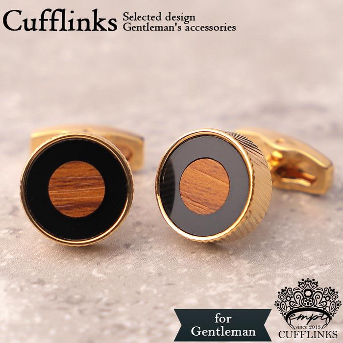 カフス サークル 木目 ブラック 黒 ブラウン 茶 ゴールド 金  カフス カフスボタン カフリンクス カフスリンクス かっこいい メンズ シャツ 結婚式 かっこいい | 
