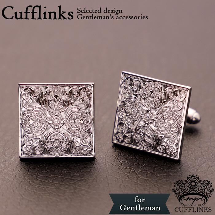 カフス スクエア 彫刻風 パターン シルバー 銀 カフスリンクス メンズ 男 結婚式 誕生日 使い方 プレゼント 彼氏 人気 セット Cuffs | 