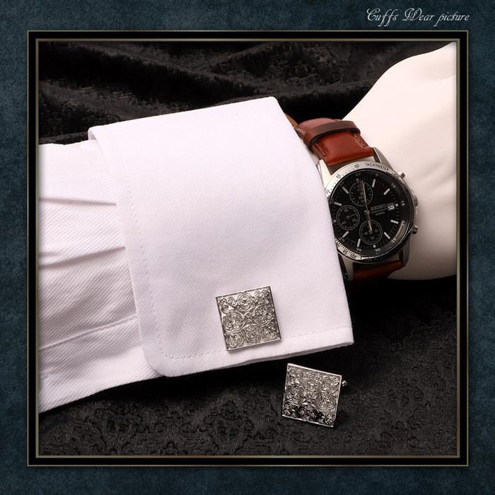 カフス スクエア 彫刻風 パターン シルバー 銀 カフスリンクス メンズ 男 結婚式 誕生日 使い方 プレゼント 彼氏 人気 セット Cuffs |  | 02