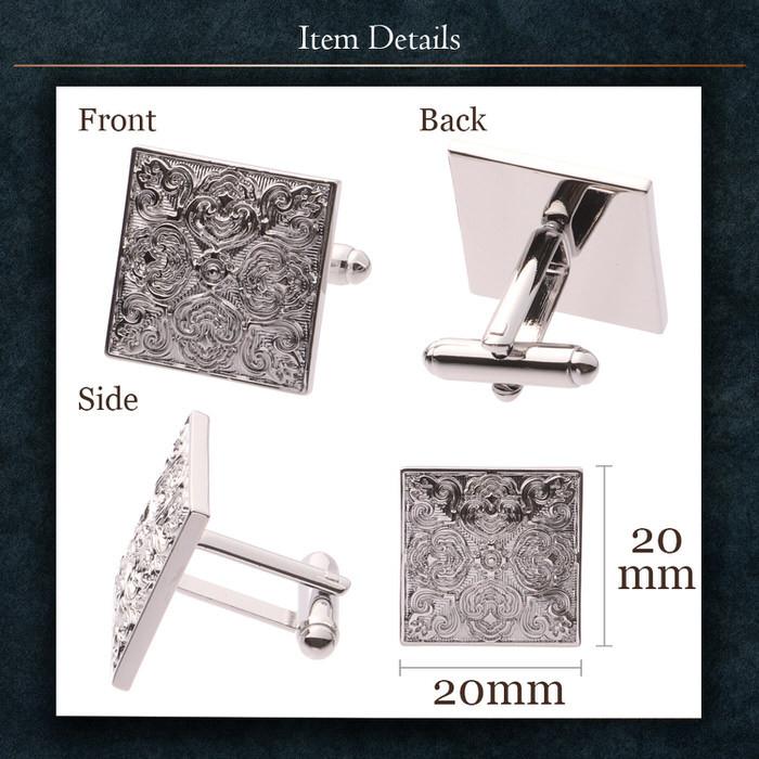 カフス スクエア 彫刻風 パターン シルバー 銀 カフスリンクス メンズ 男 結婚式 誕生日 使い方 プレゼント 彼氏 人気 セット Cuffs |  | 04