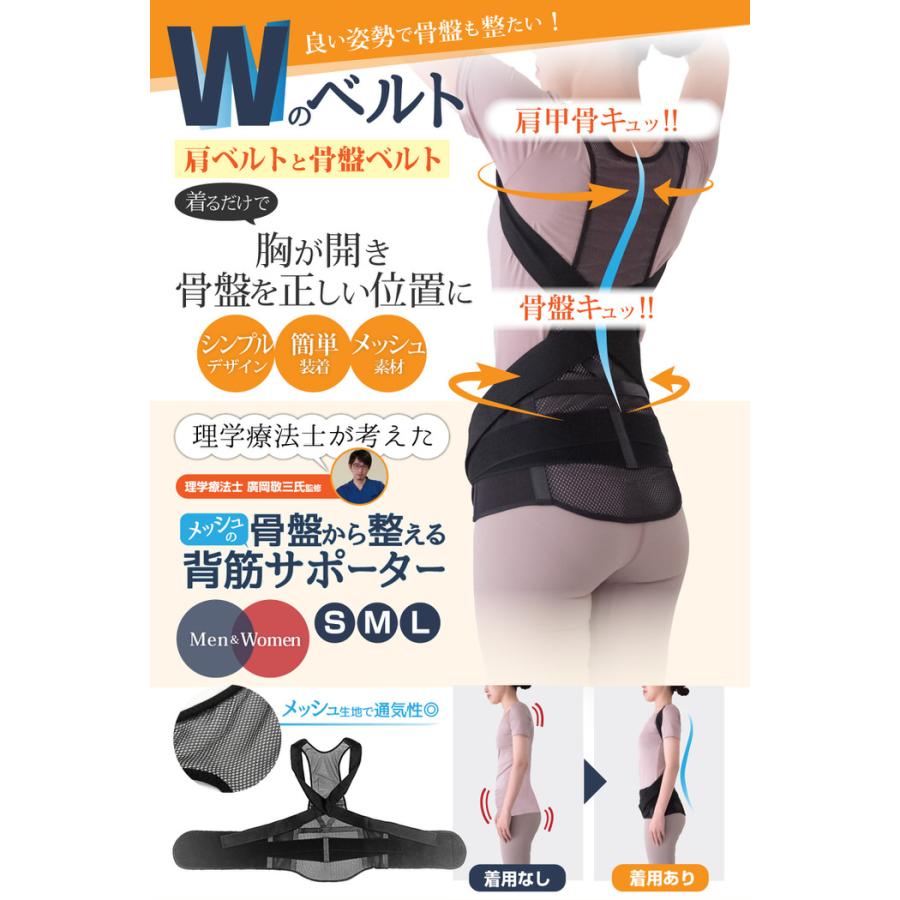 骨盤からととのえる メッシュの 背筋サポーター サポーター 骨盤 肩甲骨 姿勢補正 姿勢 正しい姿勢 巻き方 メンズ レディース  補正 |  | 01
